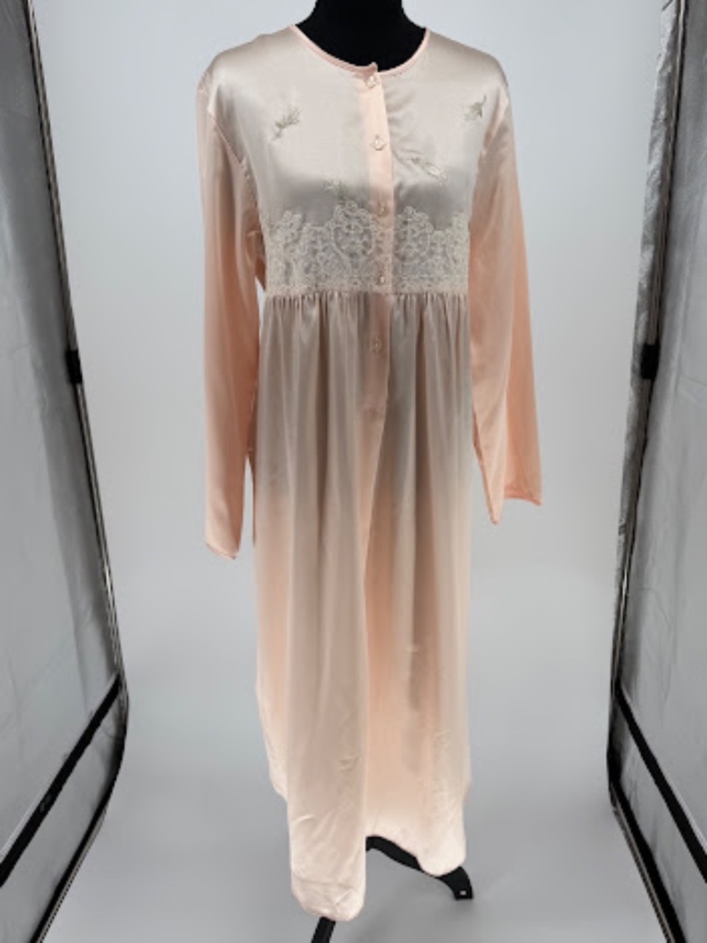 Vintage Eve Stillman Pink Satin Lace Long Sleeve Nightgown Robe Dress Small